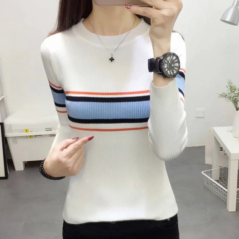 

Vangull Knitted Women Sweaters Autumn O-neck Long Sleeve Striped Pullovers 2019 Spring New Casual Elasticity Slim Female Sweater