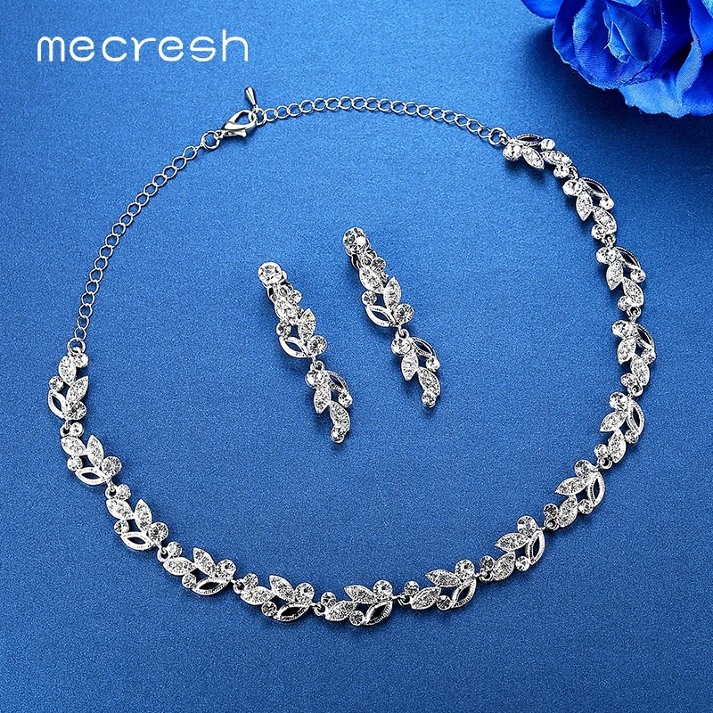 Mecresh Модные Листья Кристалл Свадебные Ювелирные наборы серебряного цвета Стразы