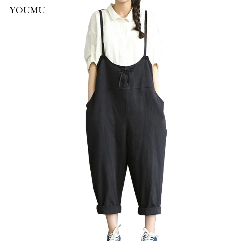 

Women Cotton Linen Loose Overalls Pants Full Length Black Khaki M-3XL Casual High Waist Solid Students Trousers New 904-A443