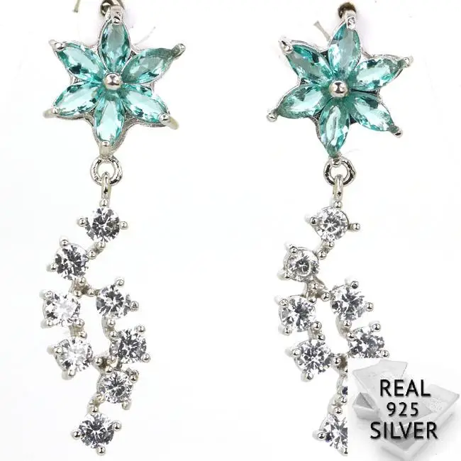 

4.6g Real 925 Solid Sterling Silver Deluxe Top Rich Blue Aquamarine CZ Ladies Stud Engagement Earrings 38x12mm