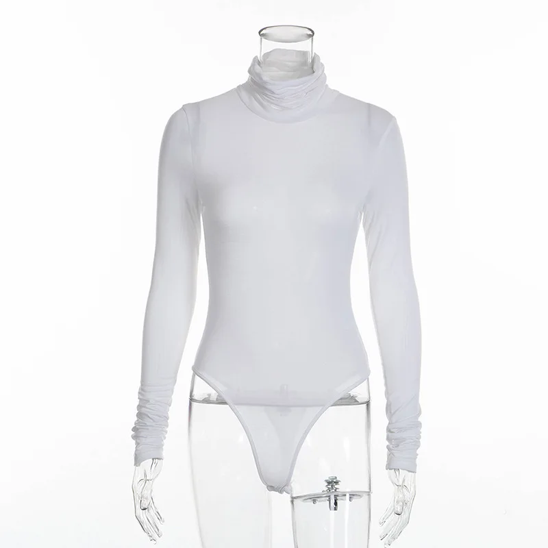 Женский элегантный трикотажный комбинезон с воротником-хомутом, узкими рукавами и застежкой-кнопками внизу, модный весенне-осенний твёрдый цвет.