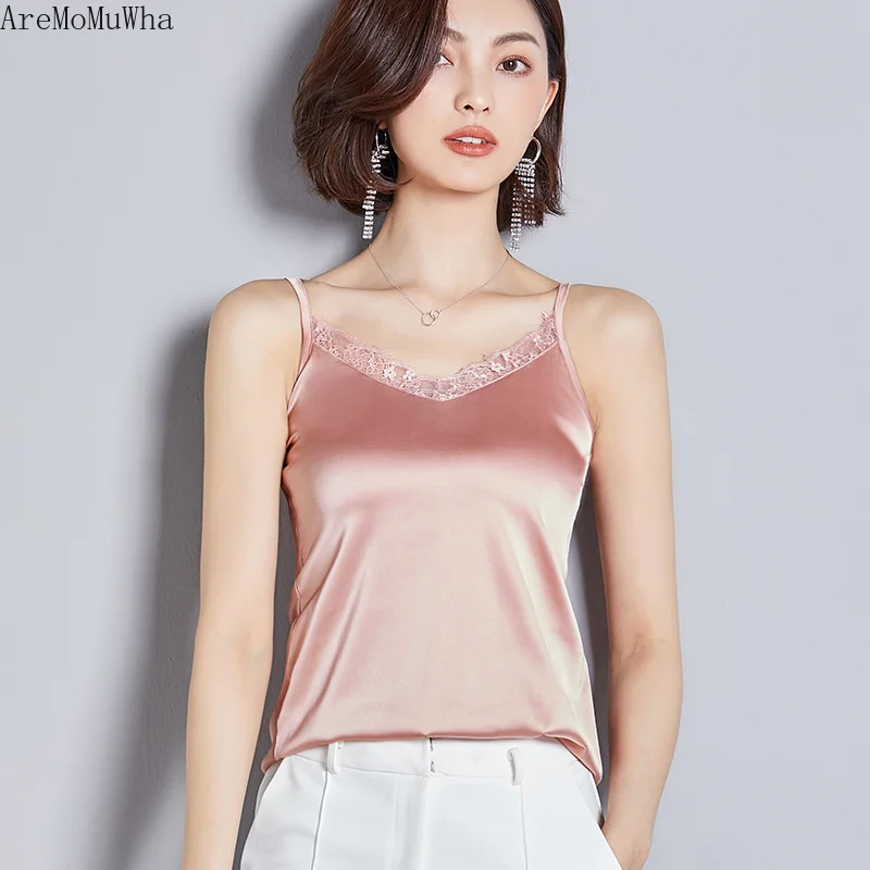 

AreMoMuWha 2019 Summer New Sexy Lace Camisole Female Wear Slim Foreign Silk Satin Bottoming Shirt Short Paragraph Top MH151