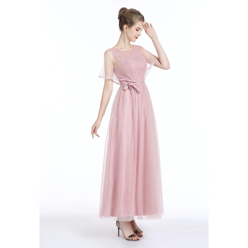 Платье подружки невесты розовое мягкое Тюлевое с бусинами длиной до щиколотки
