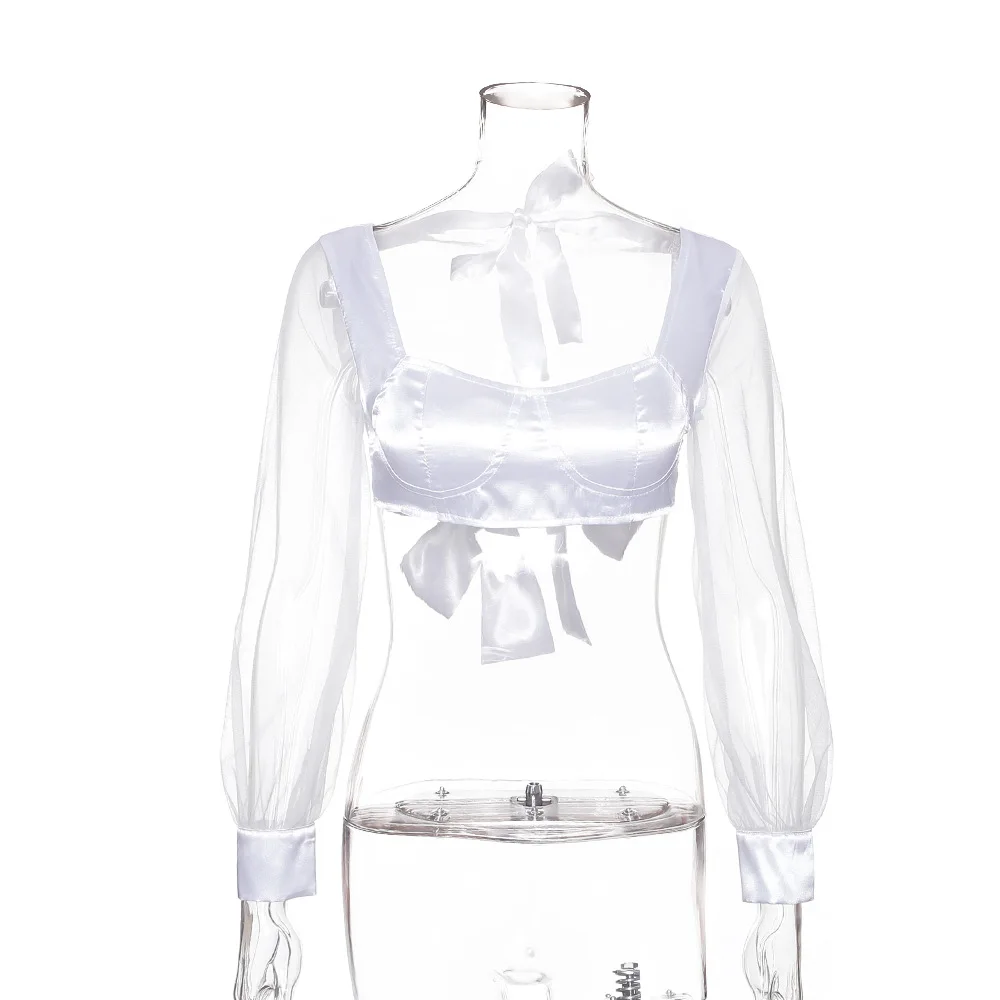 Уличная сетка с длинным рукавом укороченный топ Женская летняя белая блузка