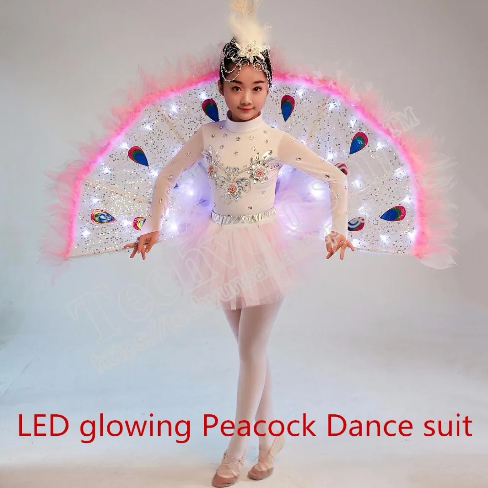 

Детский светодиодный танцевальный костюм, светящиеся павлиньи танцы, одежда для выступлений в детском саду, одежда для павлиньих платьев