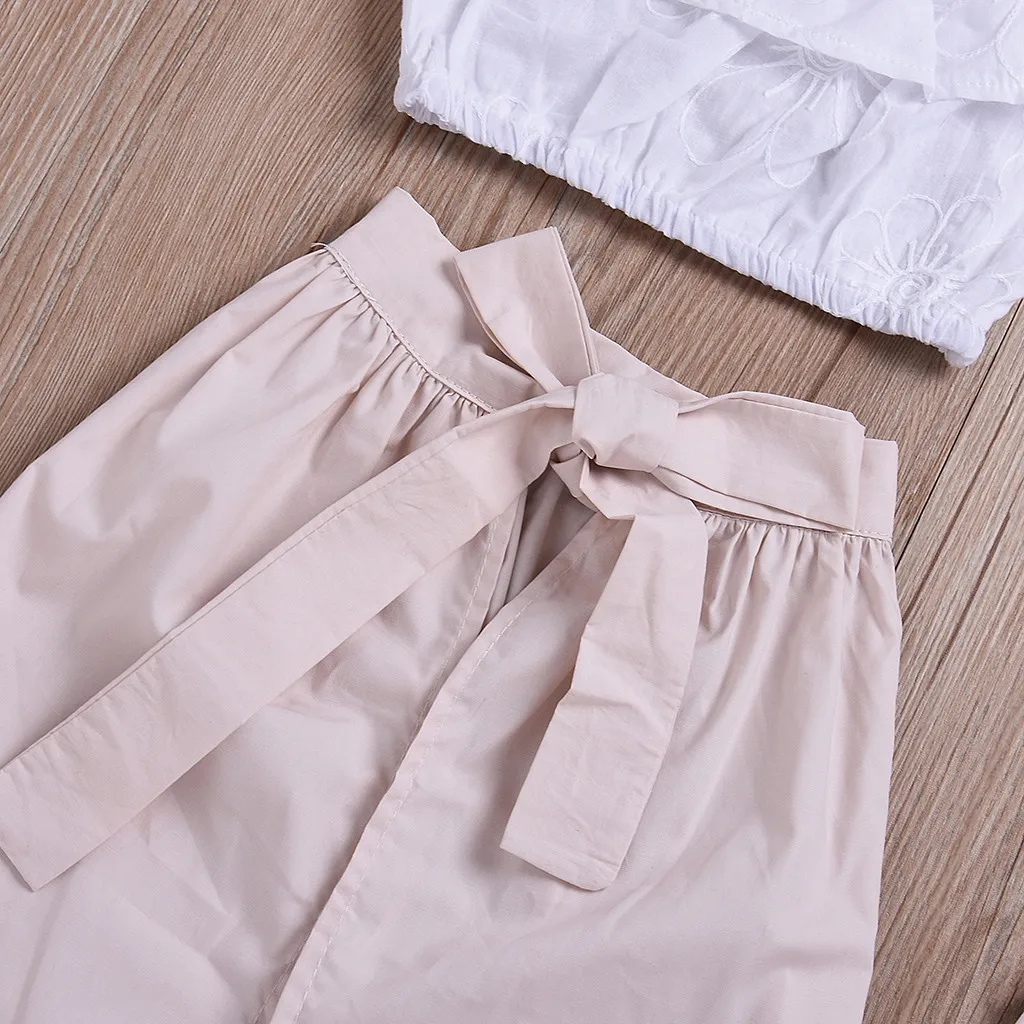Summer Girls Kids clothes Off-shoulder pullover sleeveless T-shirts solid shorts Ruffle bandage skirts 3pc cotton Baby Outfits | Детская