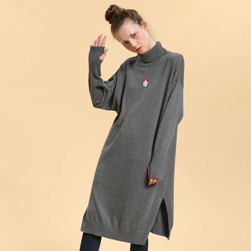 Spring New Turtleneck Women Knitted Dresses Ladies Long Pullovers Autumn Embroidery Gray Split Hem Thumb Hole Loose | Женская одежда