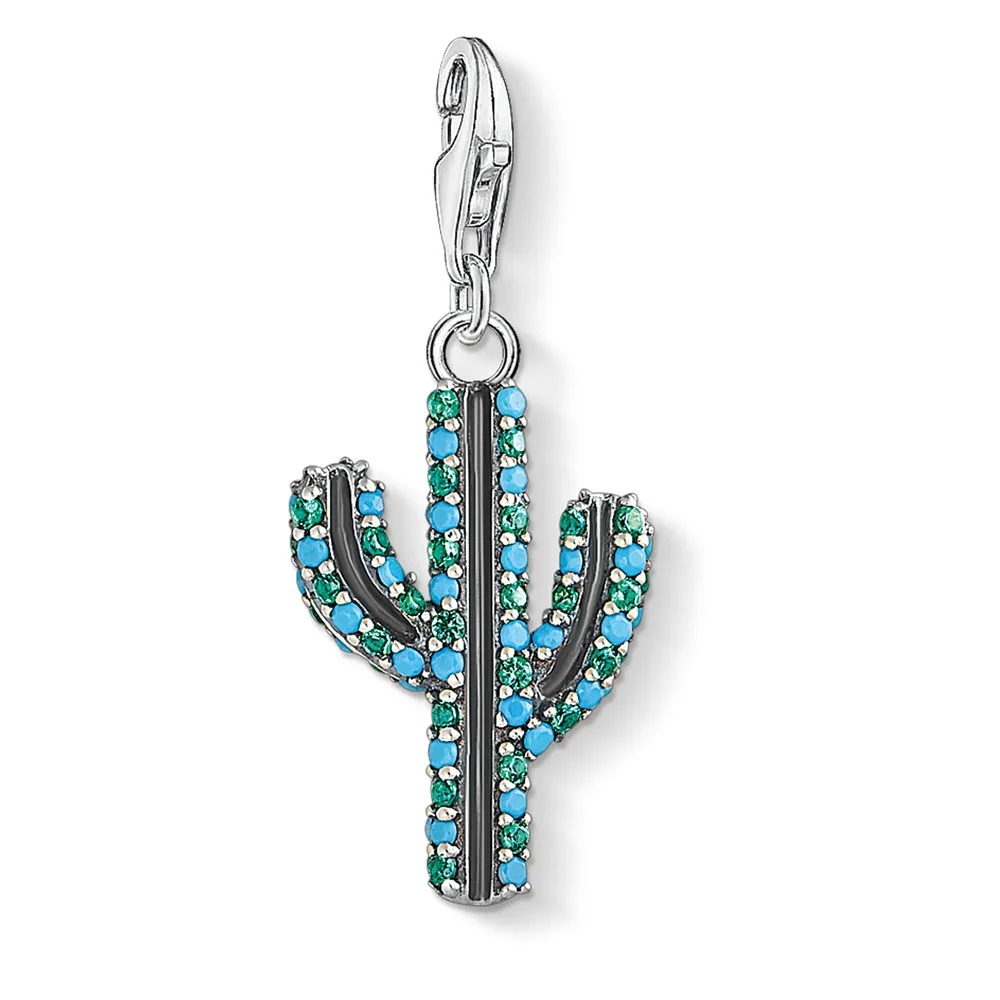 

925 Sterling Silver Strong Cactus Green Blue CZ Pendant Dangle fit Women Charm Bracelet DIY Jewelry Making Handmade Accessory