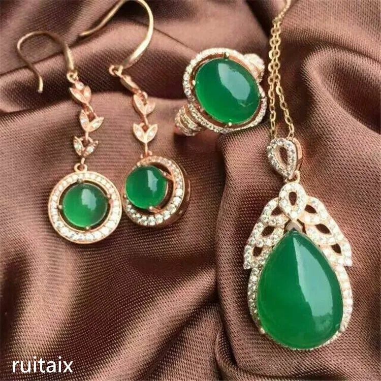 

KJJEAXCMY boutique jewels 925 Pure silver inlay natural green jade medulla ring + pendant 3 pieces set with diamond oval plant s