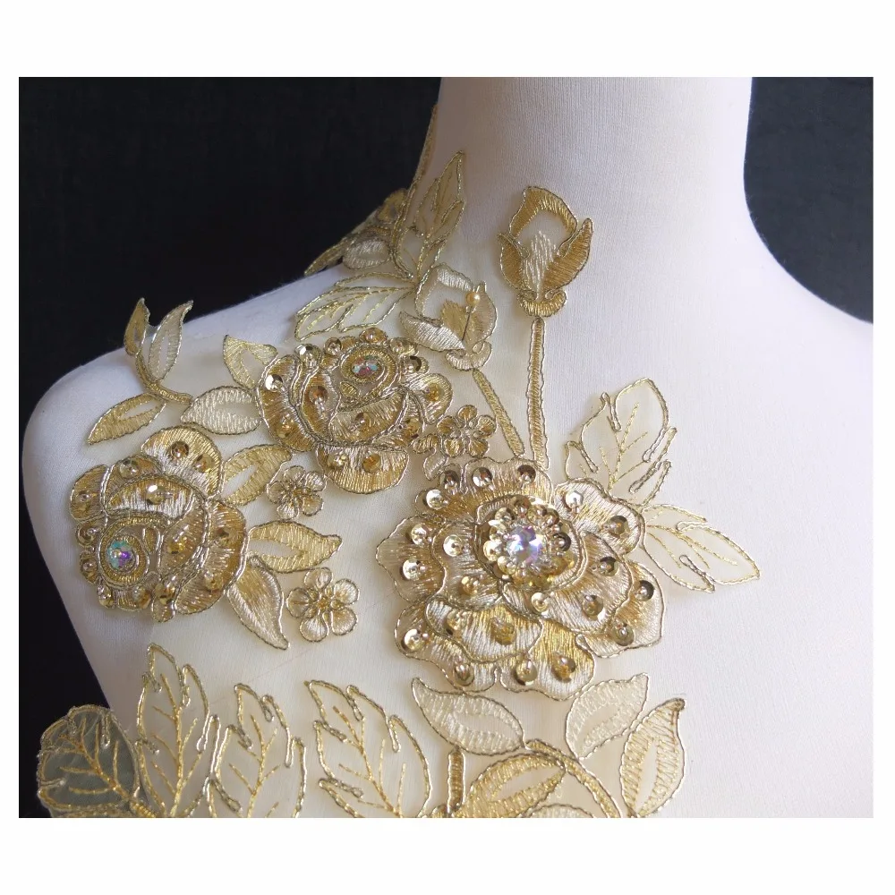 Free Shipping 5pcs/lot x New 3D Handmade Gold/Cream Beaded Sequin Flower Embroidery Organza Lace Applique Patches Collar BNC135E | Дом и сад