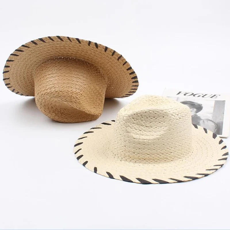 Новая мода raffia шляпы от солнца для женщин с широкими полями Соломенная Панама, шляпы летняя пляжная шляпа соломенный джазовый Федора женский