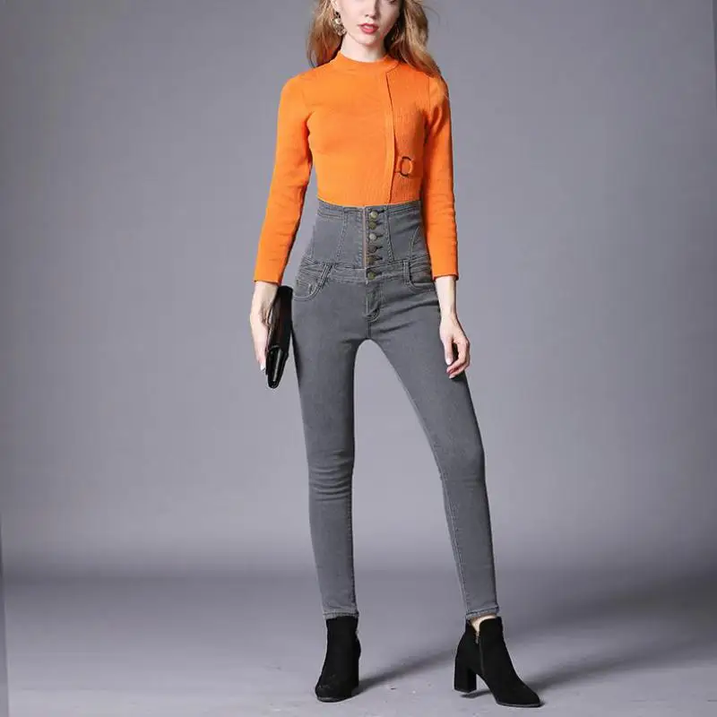 

Yan Qing Huan 2019 New Winter Large Size Women's High Waist Plus Velvet Jeans Stretch Slim Thick Warm Feet Pants Pencil Jeans