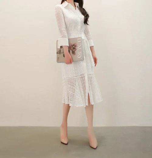 [DOYOLUYA] летнее женское кружевное платье 2019 зеленое белое однобортное приталенное