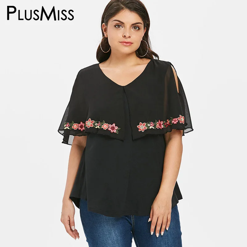 PlusMiss плюс размер 5XL 4XL с открытыми плечами цветочной вышивкой шифоновый топ