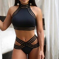 2019 new women push up bikini halter mesh sheer sleeveless bra crop bandage bikini set swimsuit swimwear high waist bathing