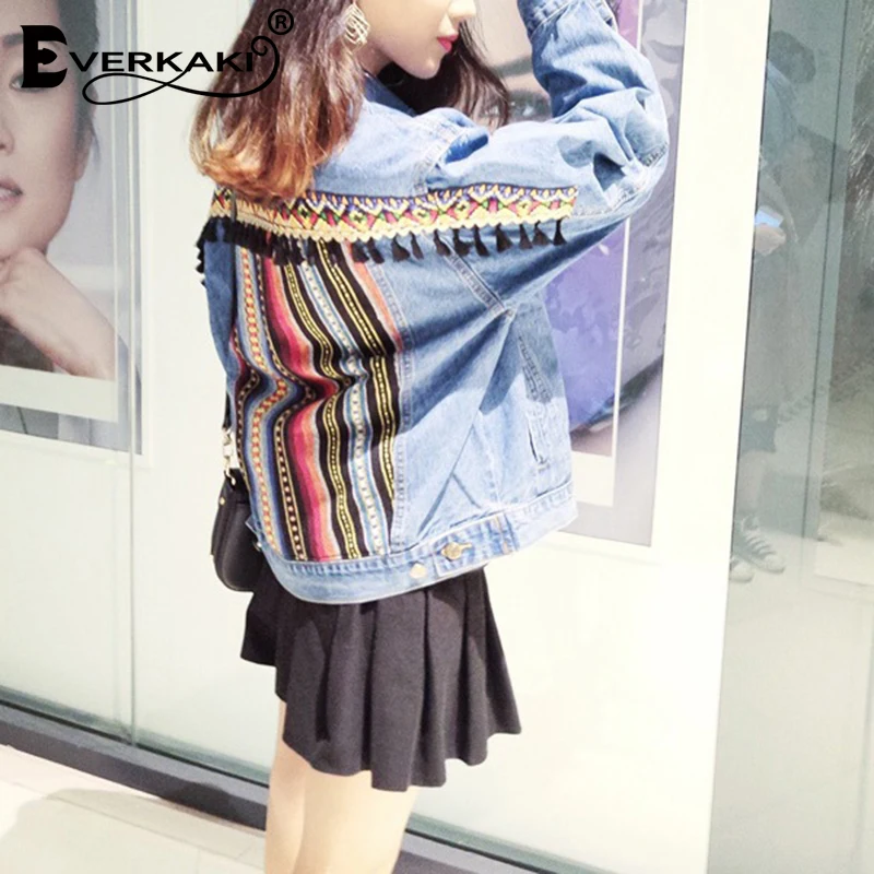 Everkaki Boho джинсовые куртки с вышивкой и кисточками женские пальто карманами