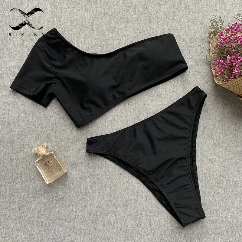 Bikinx, красное бикини на одно плечо,, mujer, купальный бандо, сексуальный купальник, пуш-ап, с высоким вырезом, купальник для женщин, купальник, бразильское бикини - Цвет: Черный