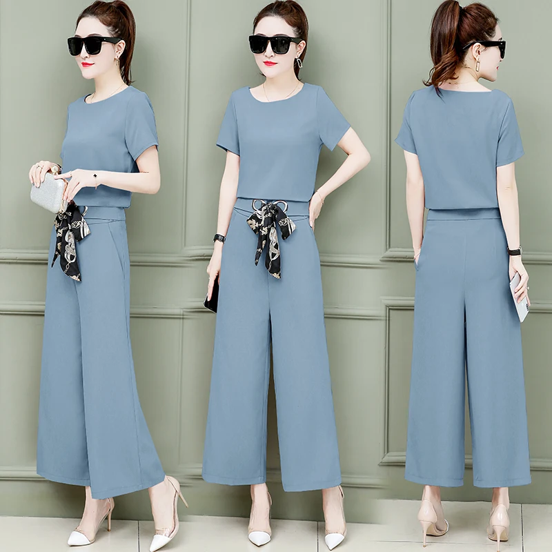 

Autumn women clothing set 2 pcs new summer wear Korean fashion short sleeve blouse shirt & wide-legged pants suit size S-XXL