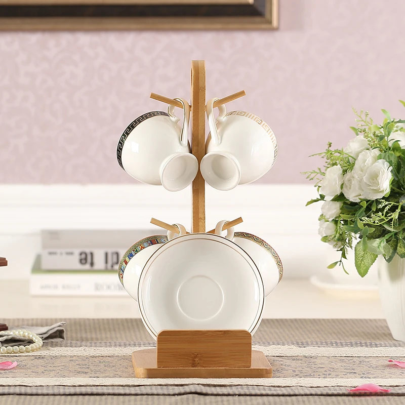 Набор из 4 костяных фарфоровых кофейных чашек с бамбуковая чашка держатель