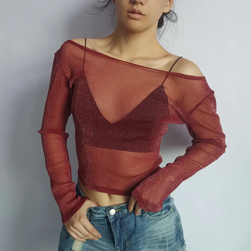 

2017 Women Slash Neck Ladies Mesh Fabric Perspective Women Slim Sexy Red Crop Top Short Tops