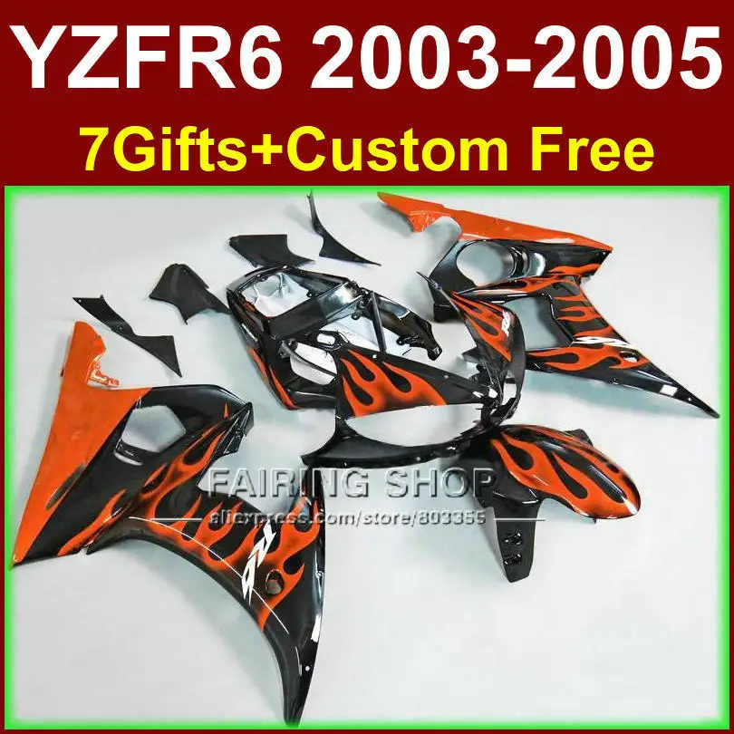 

Plastic orange flames in black fairing parts for YAMAHA ABS fairings YZF R6 2003 2004 2005 fairing kit r6 03 04 05 KU6F