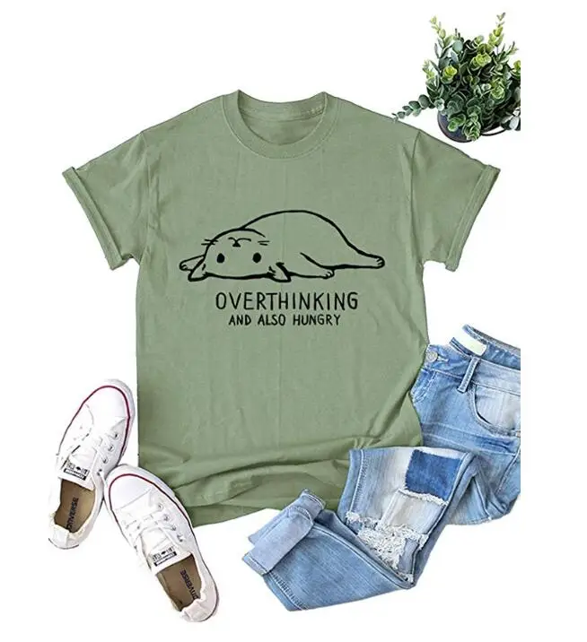 Overthinking -olive Летняя футболка с надписью «Not Today» и надписью «Not Today», «Grunge», винтажные топы с надписью «Cat», хлопковая Футболка для девочек, футболки с принтом «love Cat» - Цвет: Overthinking -olive
