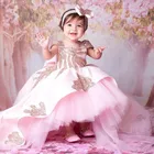 Розовое платье на день рождения для маленьких девочек; Детская праздничная одежда с аппликацией из бисера и бусинами; Милые Платья с цветочным узором и бантом для девочек; Индивидуальный размер