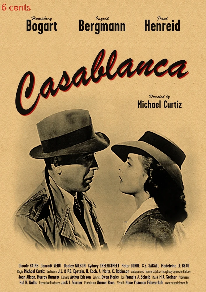 Casablanca Movie Poster, декоративная наклейка, плакат из крафт-бумаги, наклейка на стену, винтажная Наклейка на стену, настенный стикер по фильму