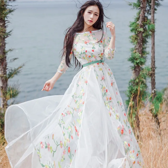 Новый белый three квартал рукава о-образным вырезом вышивка кружева длинные dress