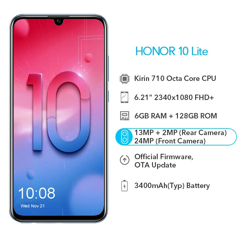 Huawei Honor 10 Lite 6 ГБ 128 Kirin 710 Восьмиядерный 24MP фронтальная камера 21 &quot19 5: 9 полный экран