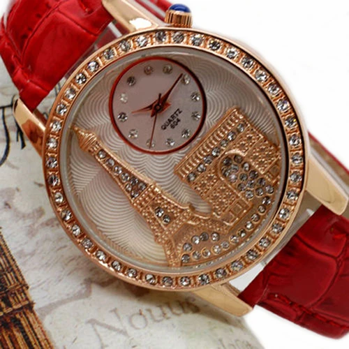 Hot Sales Women Fashion Eiffel Tower Crystal Dial Faux Leather Band Quartz Wrist Dress Watch 01V1 2VY8 | Наручные часы