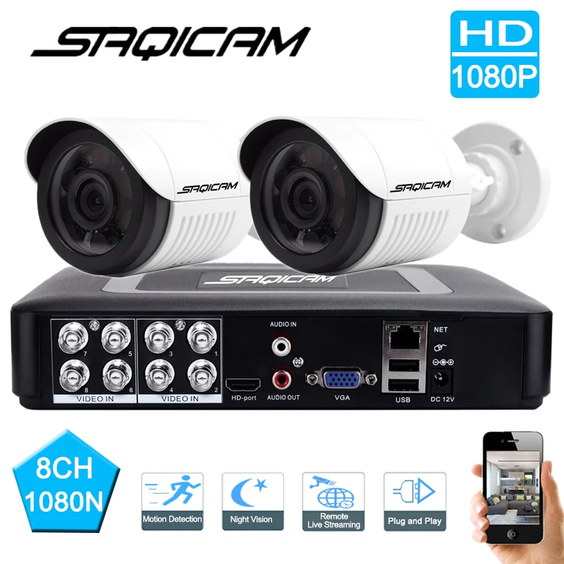 Saqicam 8CH безопасности Камера Системы AHD 1080N DVR наблюдения комплект 2 шт. 1280TVL 720 P