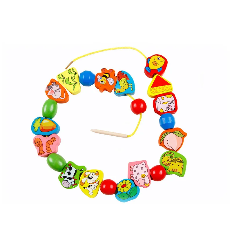 

High Quality Baby Colorful Large Beaded Learning Toy New Children Early Education Cartoon Wooden Animals Cute Toys
