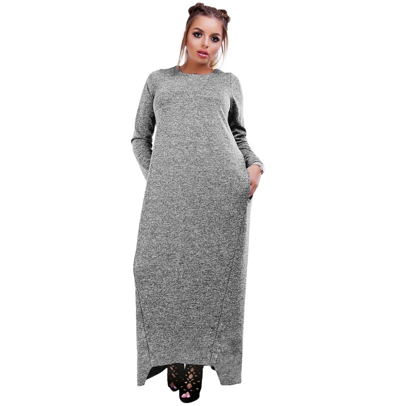 Женское длинное платье с карманами большие размеры весна осень 2019|Женские