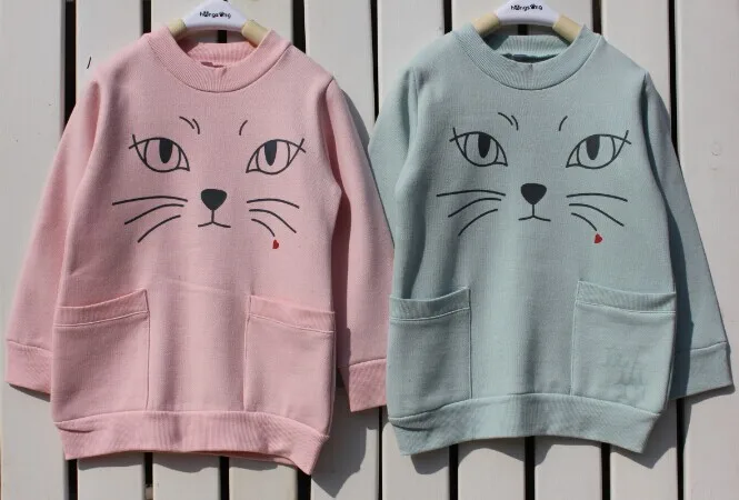 Детская теплая футболка От 2 до 8 лет милая одежда с котом для девочек длинным