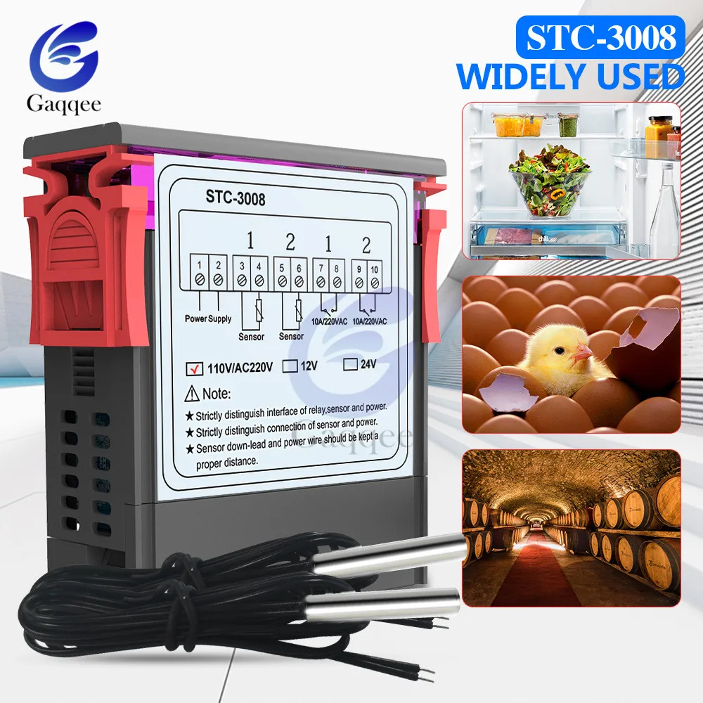 STC-3008, двойной цифровой регулятор температуры, два релейных выхода, термостат с датчиком, DC12V, 24 В, AC110-220V, домашний холодильник, прохладное тепло