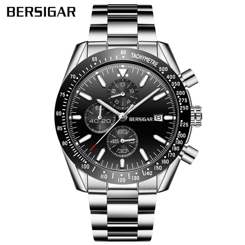 Black stainless stee BERSIGAR часы для мужчин роскошный силиконовый ремешок Водонепроницаемый Спортивный Кварцевый Хронограф военные часы мужские часы Relogio Masculino - Цвет: Black stainless stee