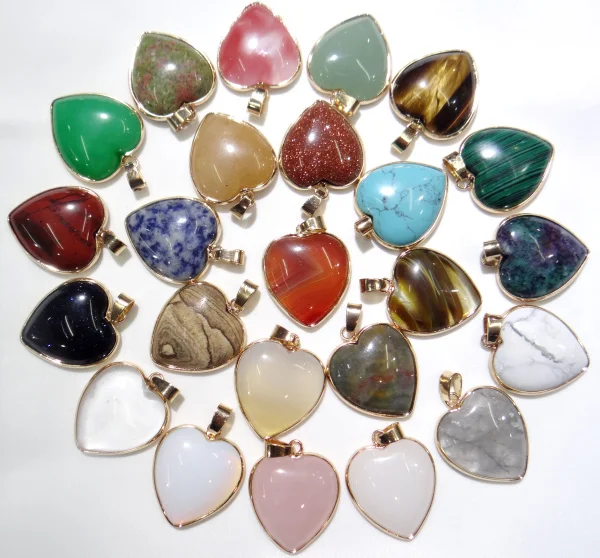 

2020 New Natural Stone Quartz Crystal tiger eye Opal gold side heart-shaped 25mm Pendant Charms for Jewelry Making Necklace 1pc
