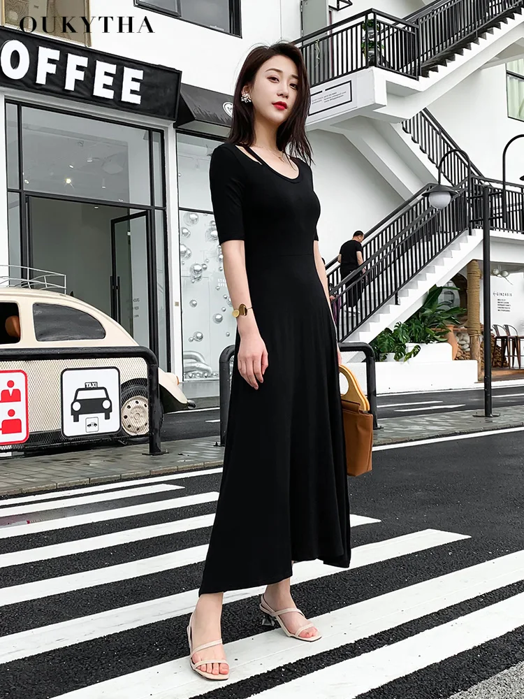 Oukytha Летнее Длинное платье Fit and Flare черный Для женщин платья Рубашка с короткими