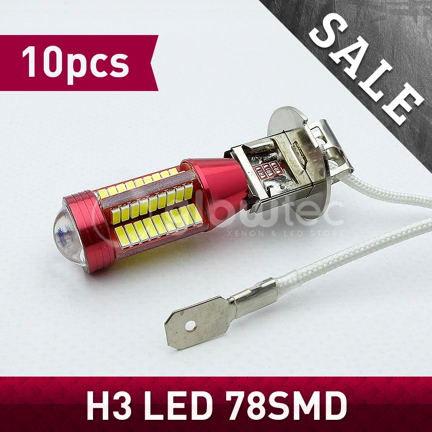 Оптовая продажа 10 шт. светодиодные лампы H3 78 SMD 4014 с линзами фары 78smd внешние