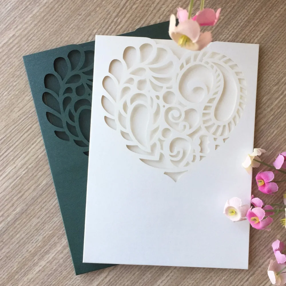 

50Pcs/Lot The Heart Hollow Laser Cut Colours Pearl Paper Wedding Invitation Card Business Invitations Festinal Cards