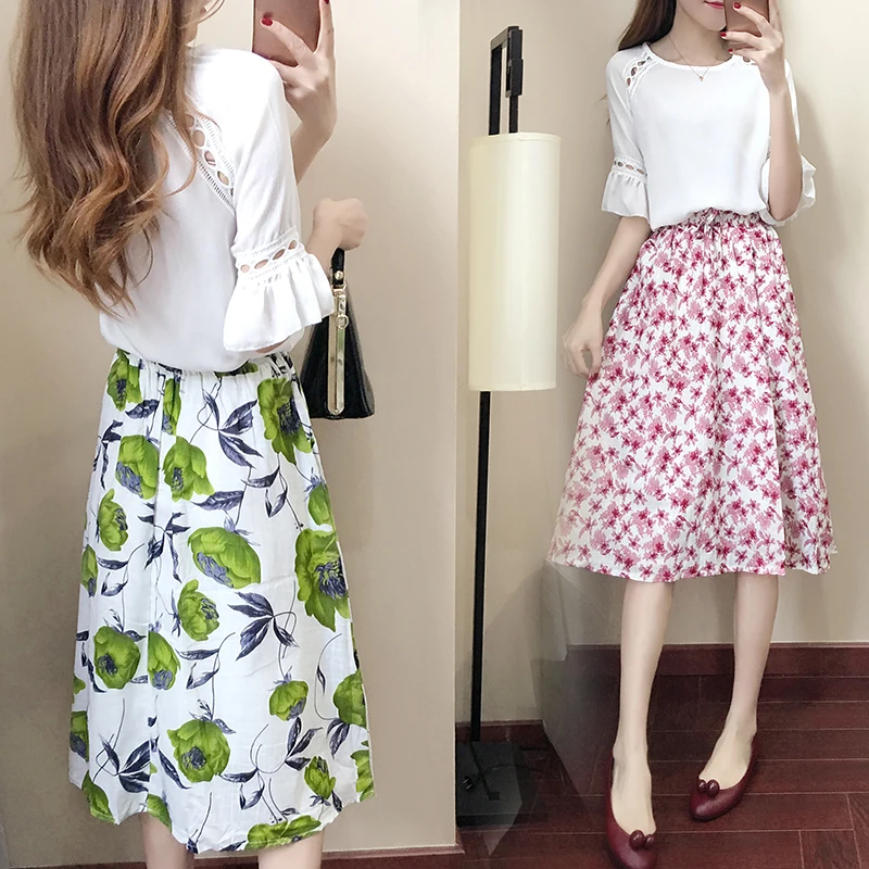 2018 ladies new temperament fashion chiffon shirt T-shirt cropped sleeves clothes + elegant casual print skirt two-piece | Женская
