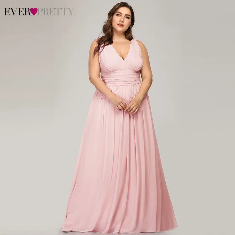 Ever Pretty, платья подружки невесты размера плюс,, Vestidos, элегантные, трапециевидные, v-образный вырез, открытая спина, длинные, шифоновые, свадебные, вечерние платья EP09016 - Цвет: Pink