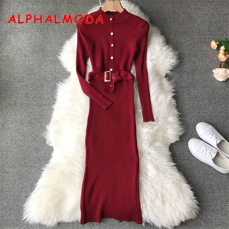 ALPHALMODA элегантные офисные платья вязаное платье Однобортный высокого пояса