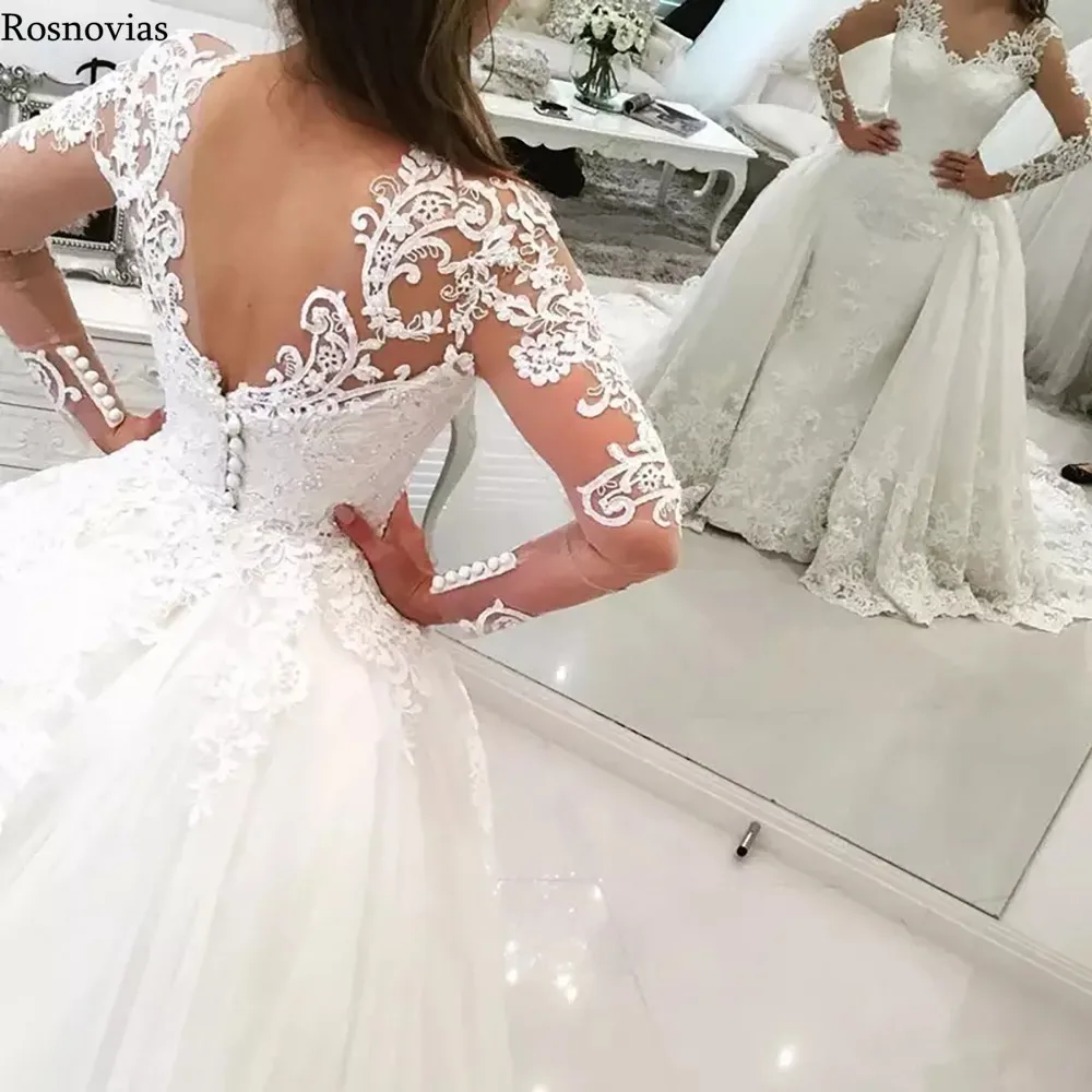 Illusion Overskirts Wedding Dresses 2019 Long Sleeves Covered Button Back Lace Appliques Beaded Bridal Gowns Vestido De Novia | Свадьбы и