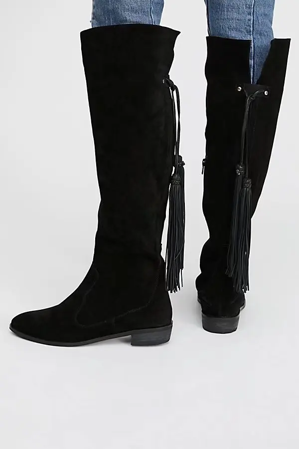 

New Hot Women Brown Black Suede Stacked Heel Distressed Rounded Toe Elastic Band In Back Side Zip Knee High Tassel Flat Boots