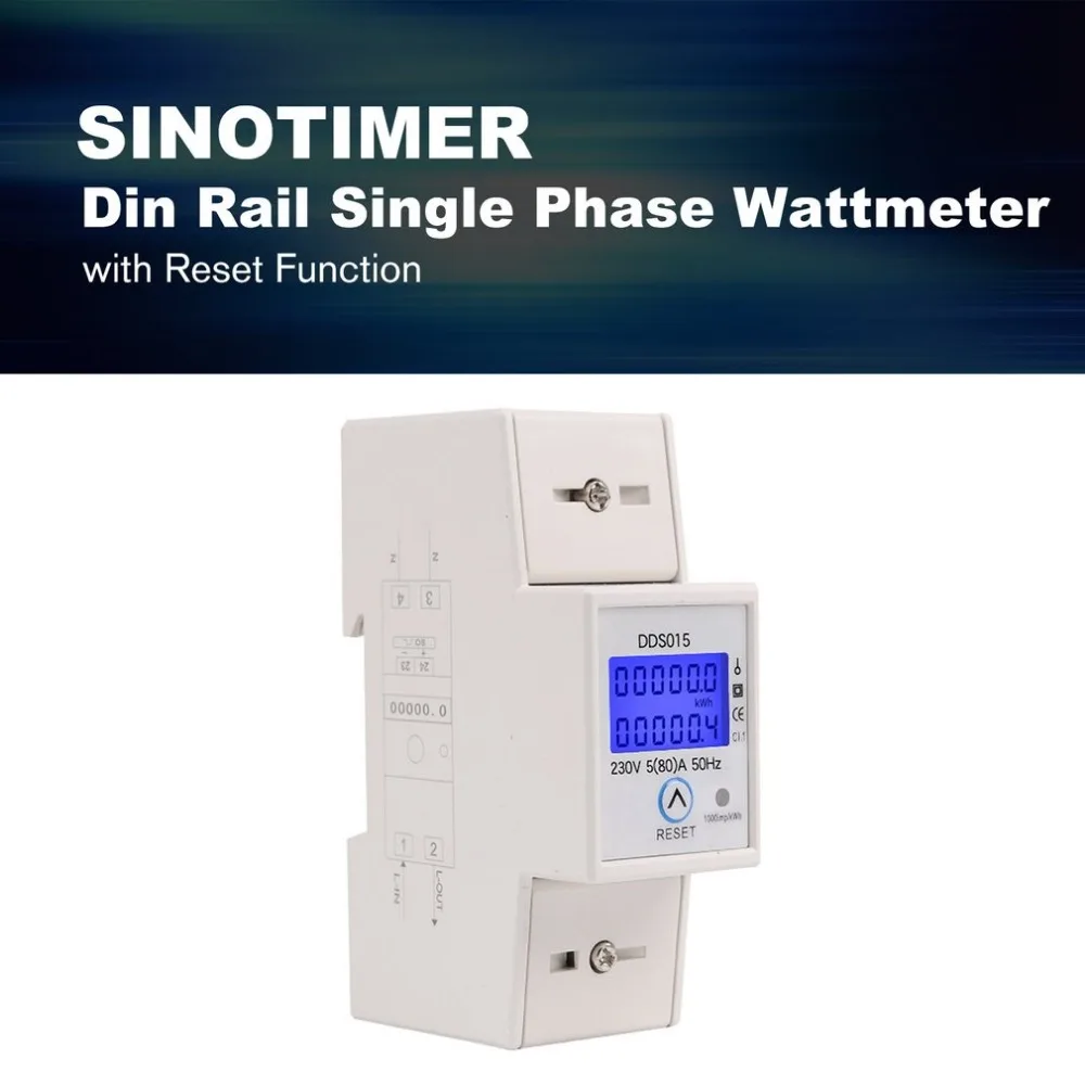SINOTIMER DDS015 230V din-рейка однофазный ваттметр энергопотребление ватт электронный измеритель энергии AC с функцией сброса