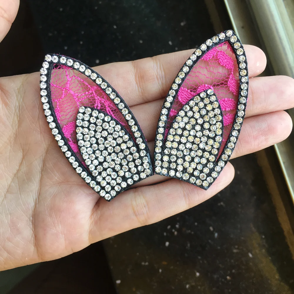 Bling 2 шт./лот кружева кроличьи уши сверкающие стразы одежда патчи горячей бурения DIY аппликации Bling клеевые заплатки для платья