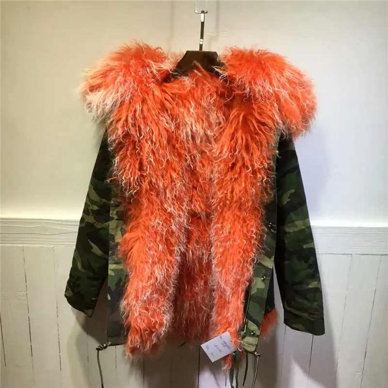 Thick warm winter women coats Mongolia Sheep Fur camouflage parka wool Mr Mrs orange with white lamb fur jacket | Женская одежда