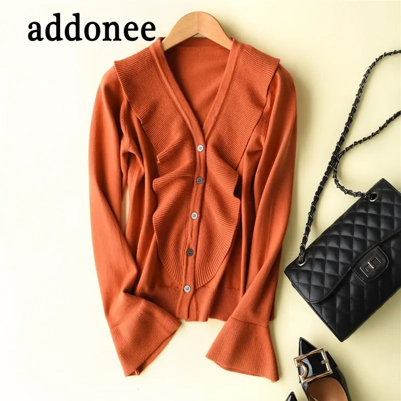 New Design Autumn Winter Women Cashmere Cardigan Wild Solid Color Coat wool casual Ruffles Sweater |